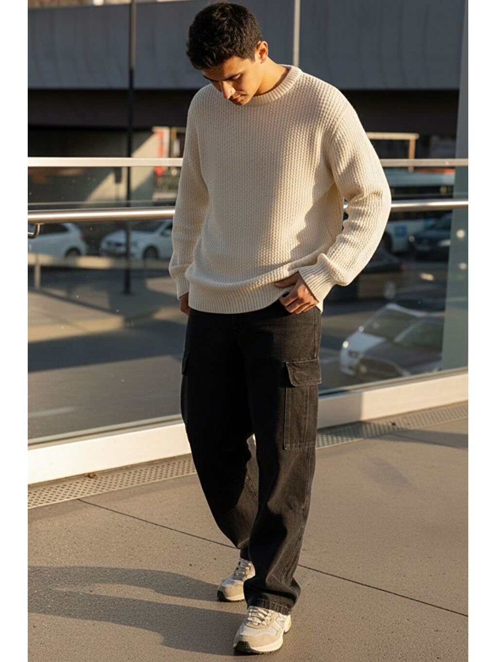 Bej Erkek Bisiklet Yaka Örme Triko Kazak-2