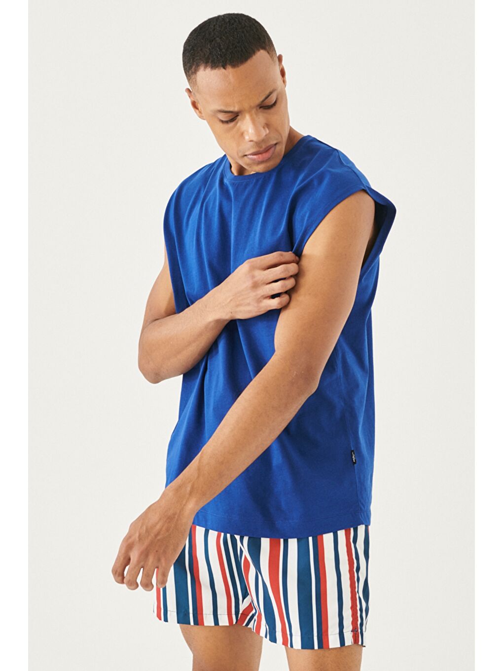 Erkek Açık Lacivert Oversize %100 Pamuk Bisiklet Yaka Spor Tişört-2