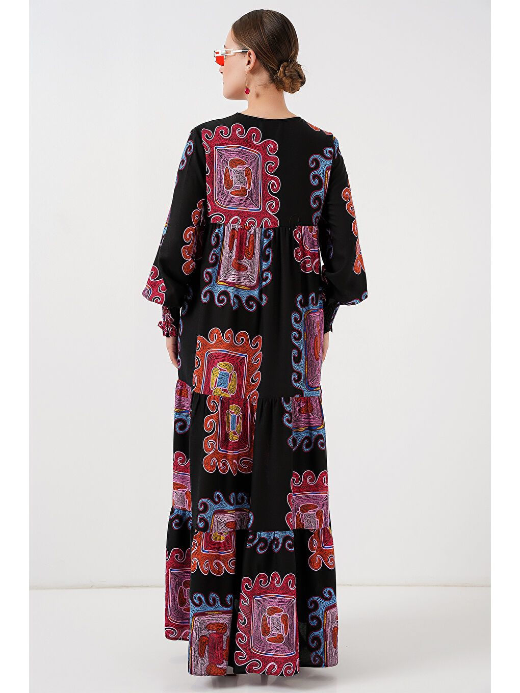 1947 Desenli Uzun Elbise - M. Kırmızı-5