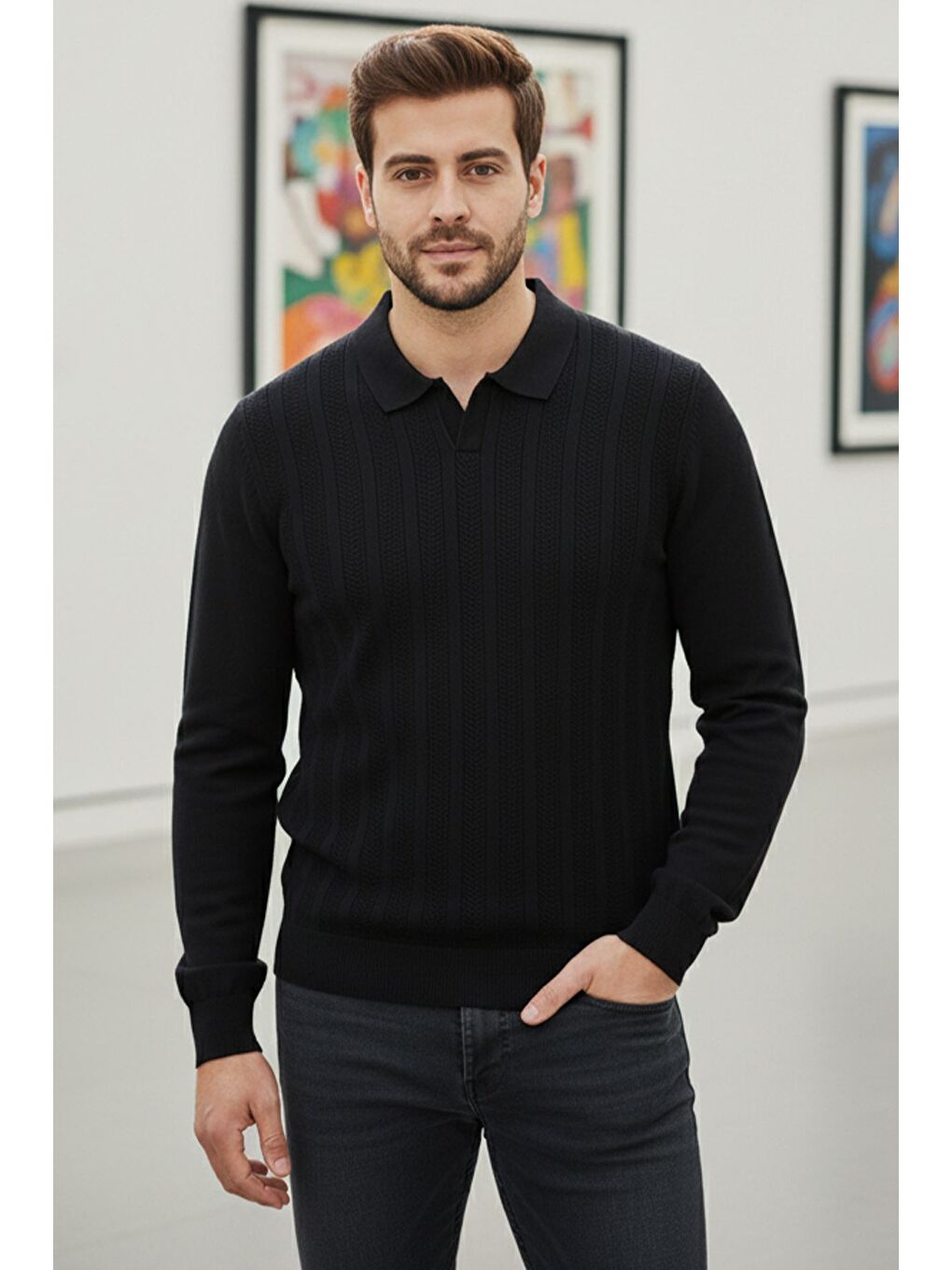 Siyah Erkek Kendinden Desenli Polo Yaka Triko Kazak