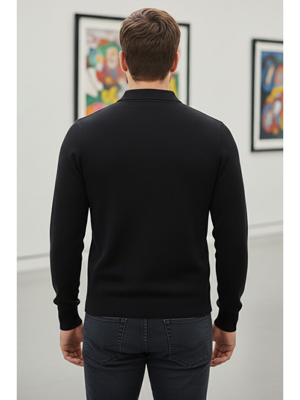 Siyah Erkek Kendinden Desenli Polo Yaka Triko Kazak-1