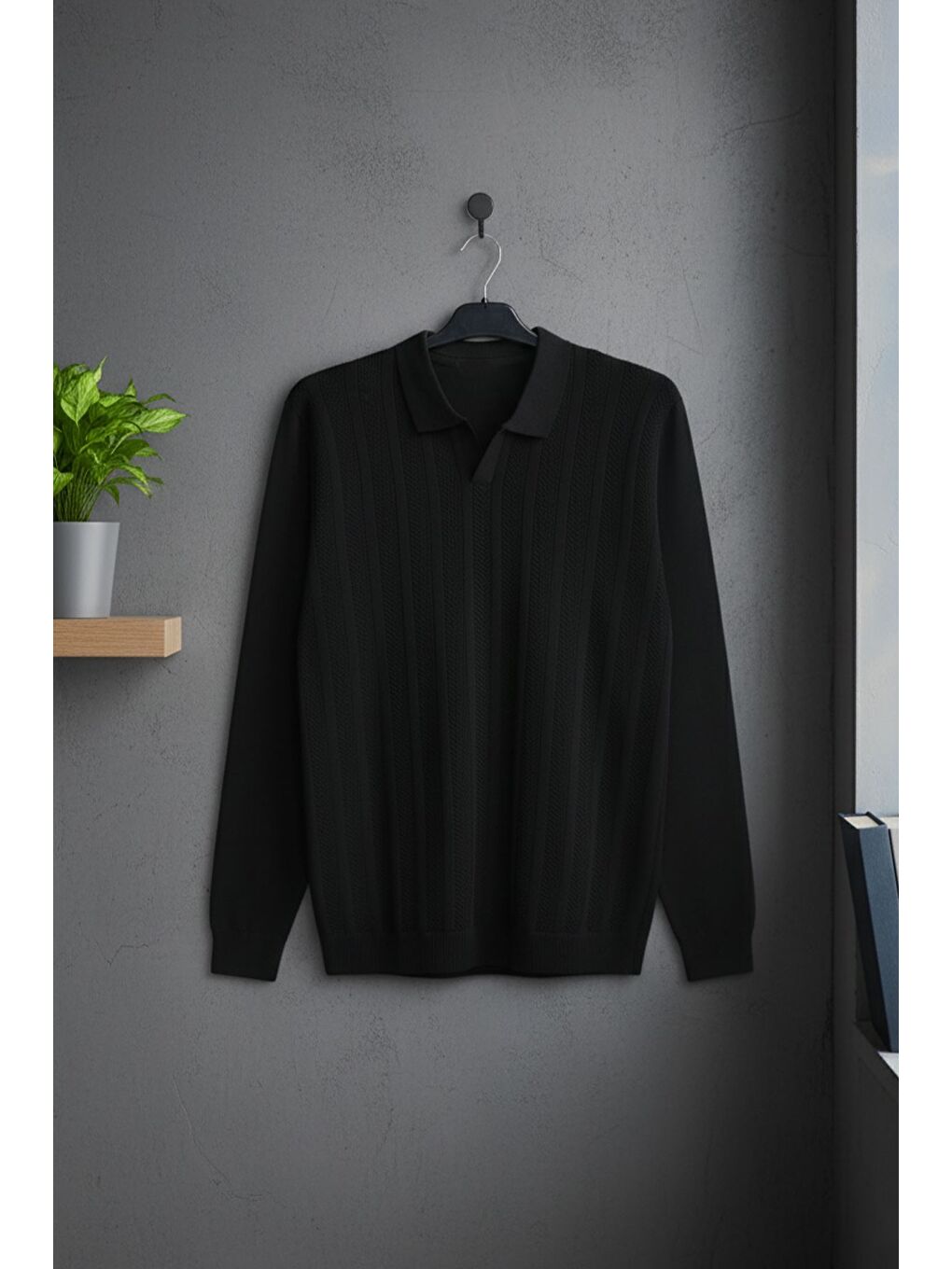 Siyah Erkek Kendinden Desenli Polo Yaka Triko Kazak-2