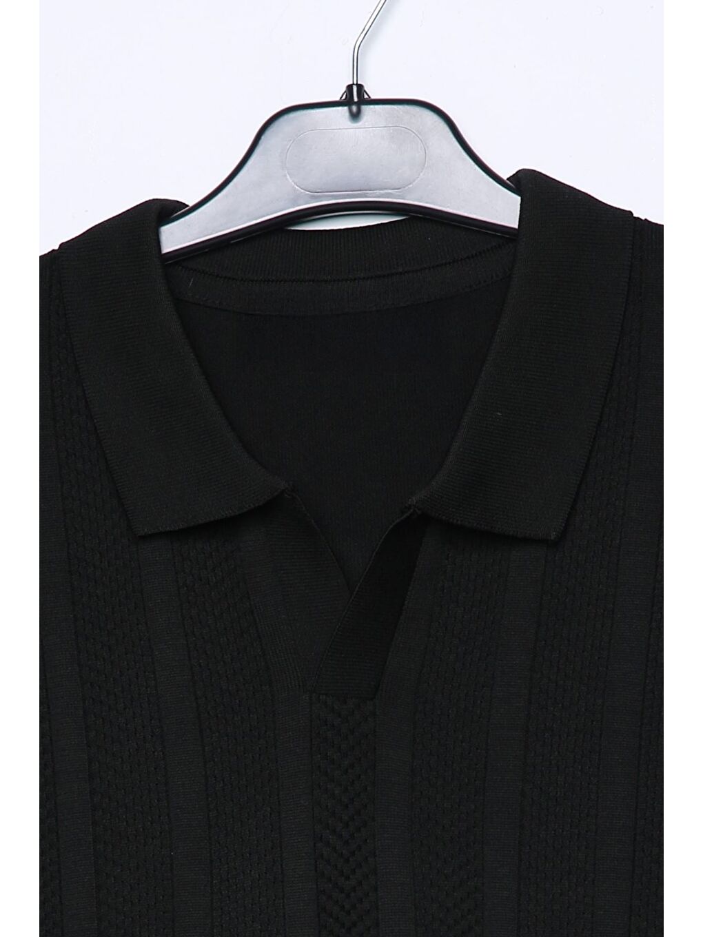 Siyah Erkek Kendinden Desenli Polo Yaka Triko Kazak-3