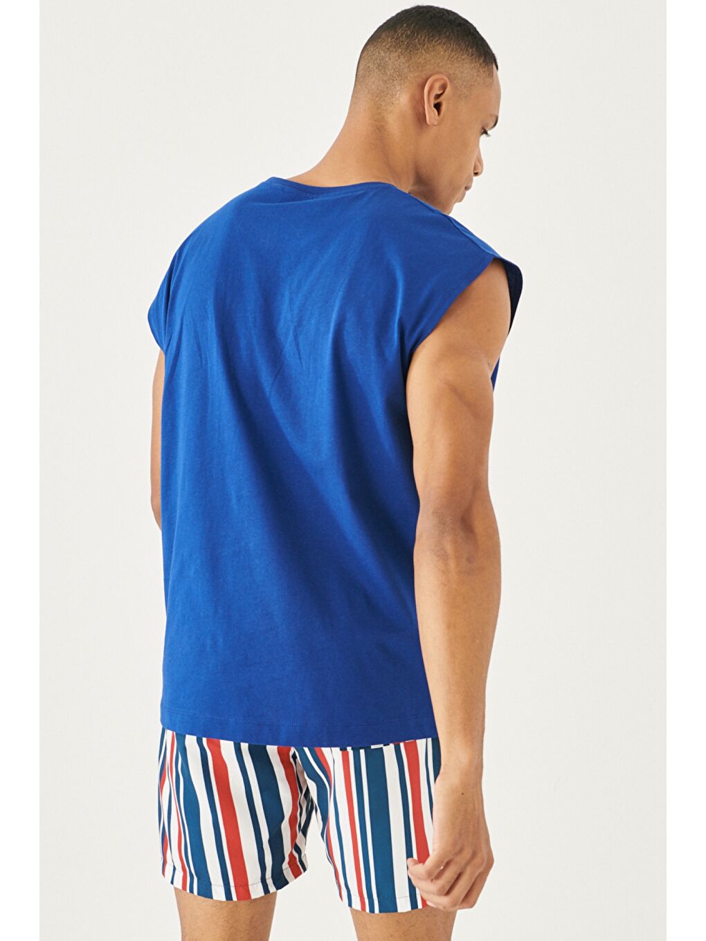 Erkek Açık Lacivert Oversize %100 Pamuk Bisiklet Yaka Spor Tişört-5