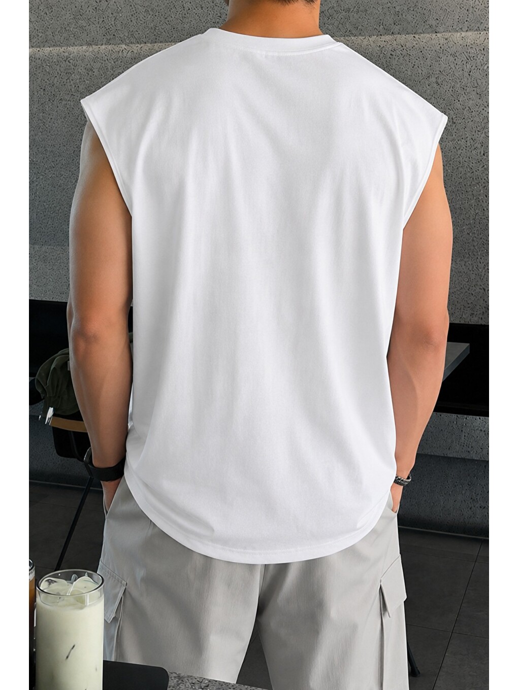 Beyaz Erkek Oversize Kolsuz Tişört %100 Pamuk Süprem Basic Bisiklet Yaka-2