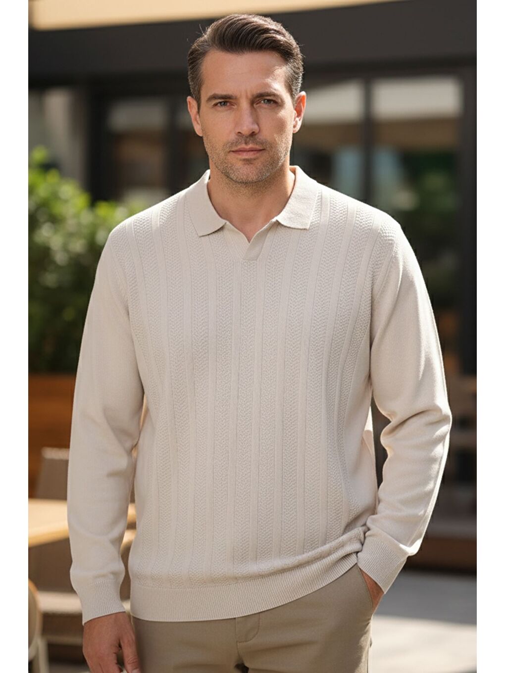 Bej Erkek Kendinden Desenli Polo Yaka Triko Kazak