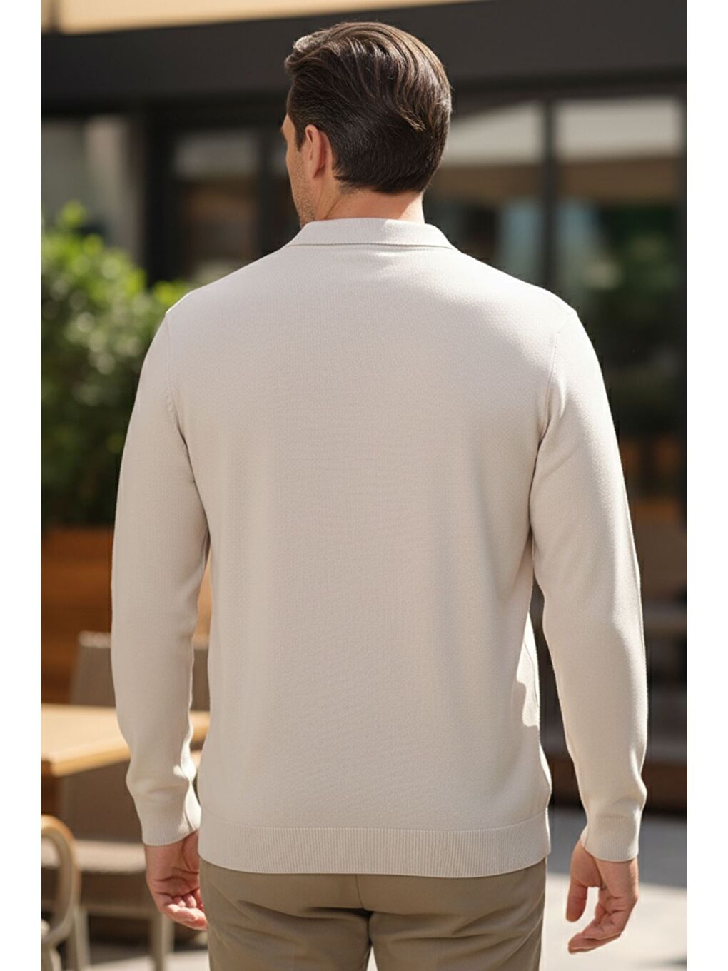Bej Erkek Kendinden Desenli Polo Yaka Triko Kazak-1