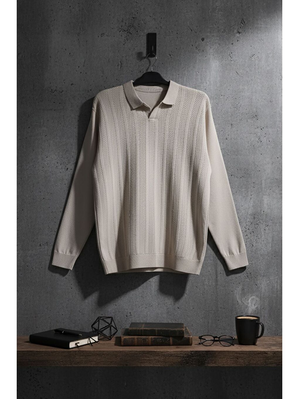 Bej Erkek Kendinden Desenli Polo Yaka Triko Kazak-2