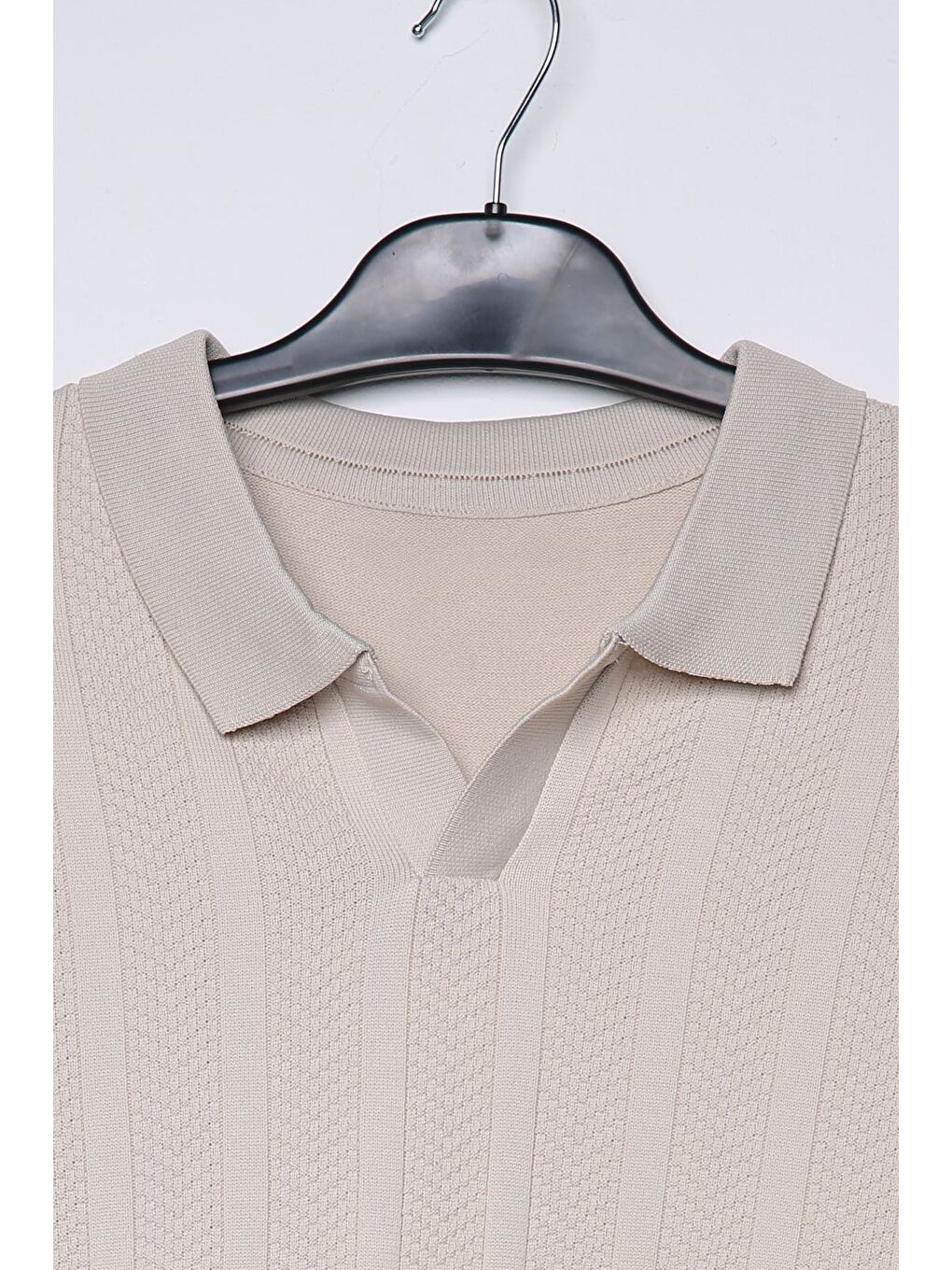 Bej Erkek Kendinden Desenli Polo Yaka Triko Kazak-3