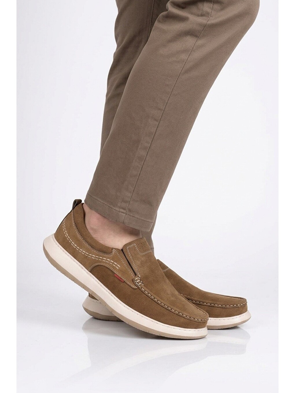 Ekru Erkek Kum Nubuk Hakiki Deri Kolay Giyilebilir Hafızalı Rahat Taban Casual Ayakkabı Loafer 6501 M-1