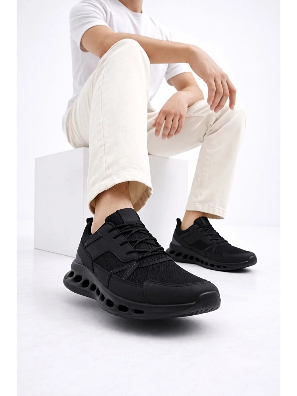 Siyah Erkek Beyaz Street Style Sneaker Hafif Esnek Taban Günlük Kullanım Spor Yürüyüş Ayakkabısı-2