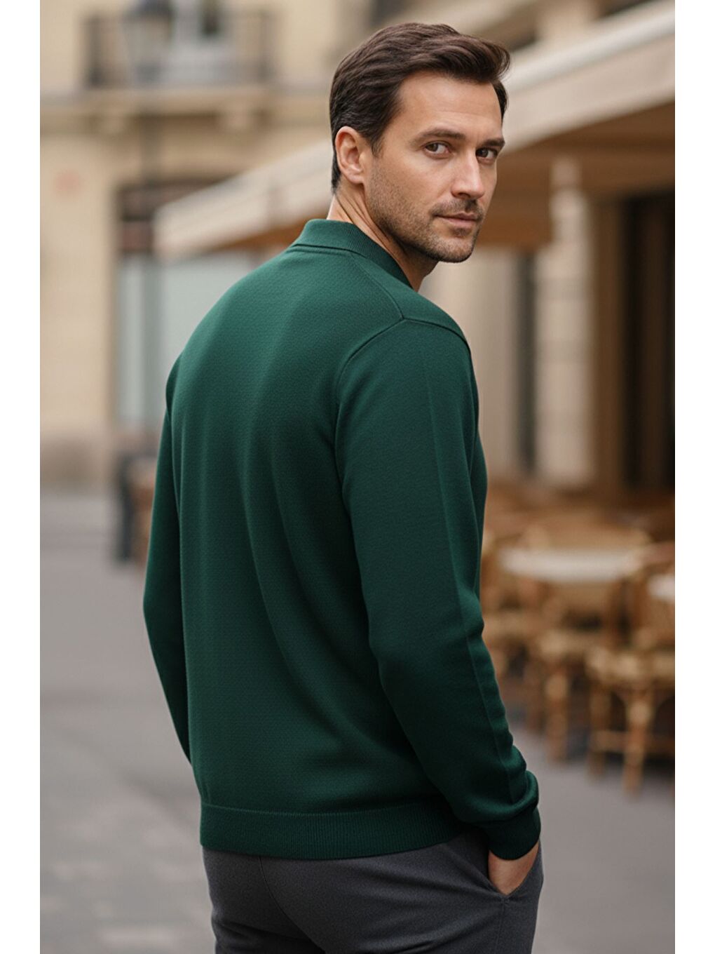 Yeşil Erkek Kendinden Desenli Polo Yaka Triko Kazak-1