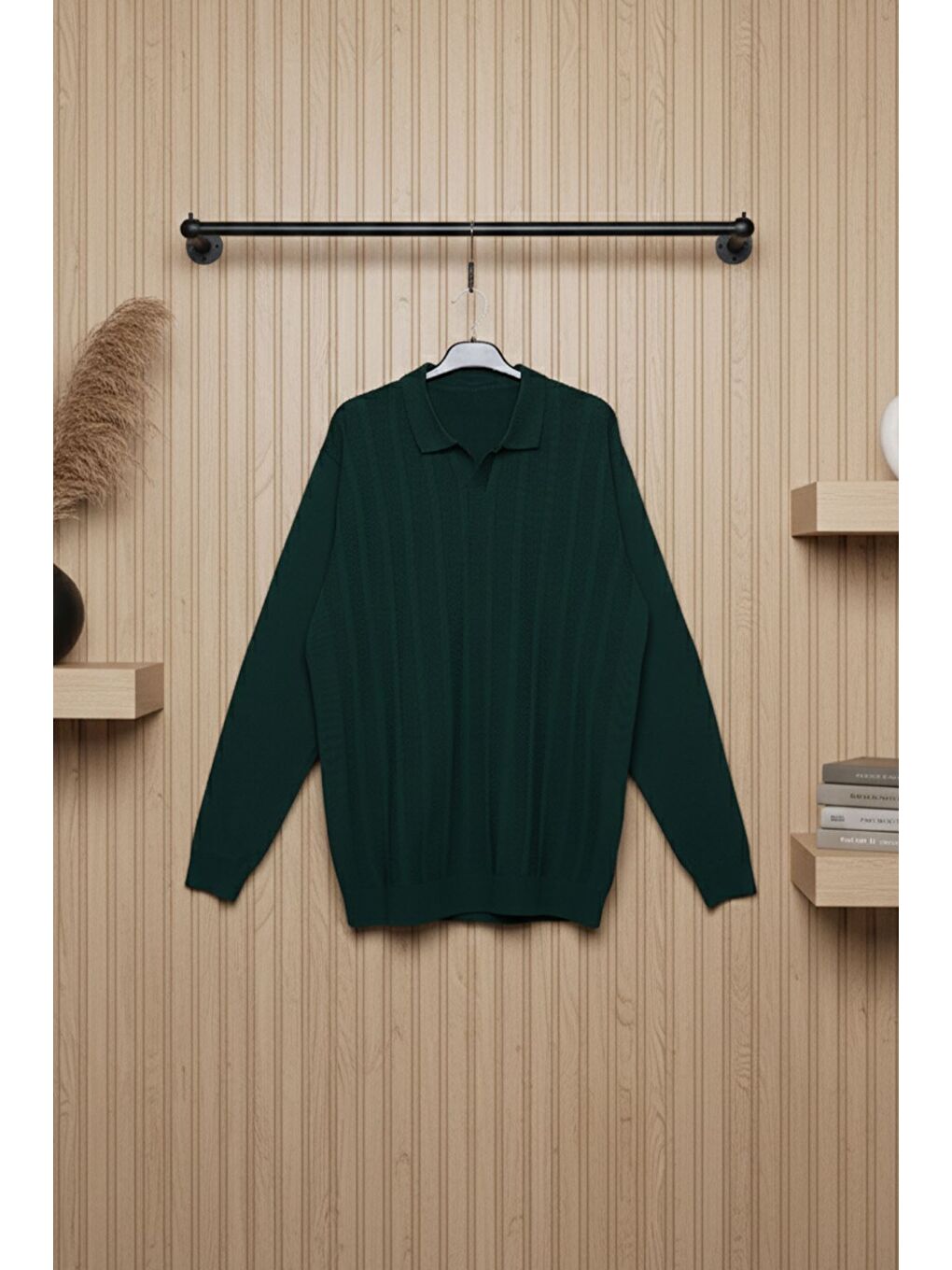 Yeşil Erkek Kendinden Desenli Polo Yaka Triko Kazak-2