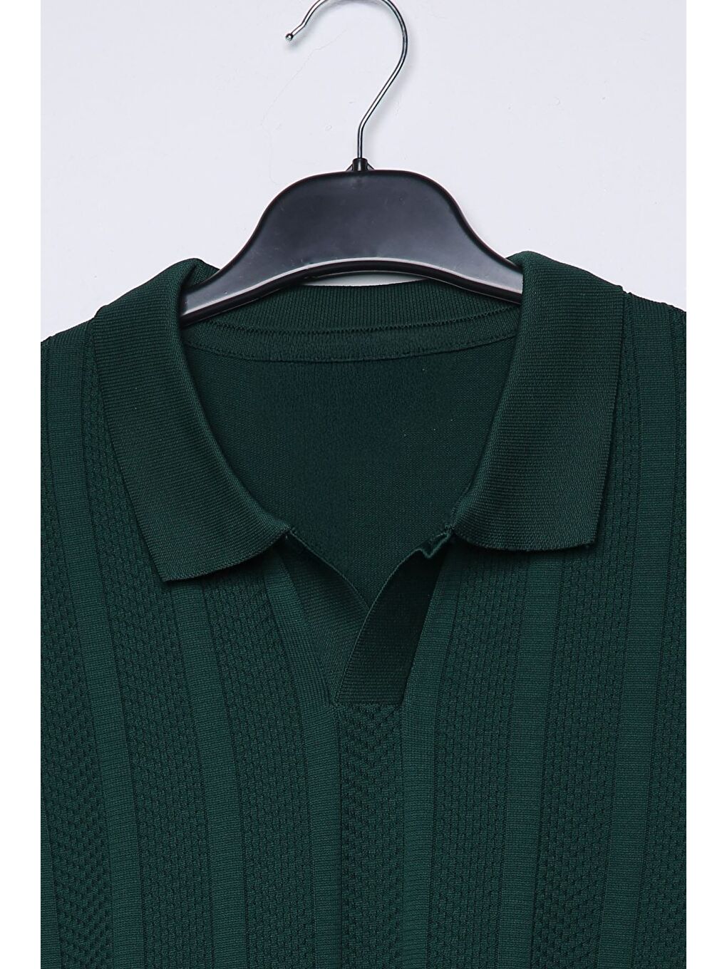 Yeşil Erkek Kendinden Desenli Polo Yaka Triko Kazak-3