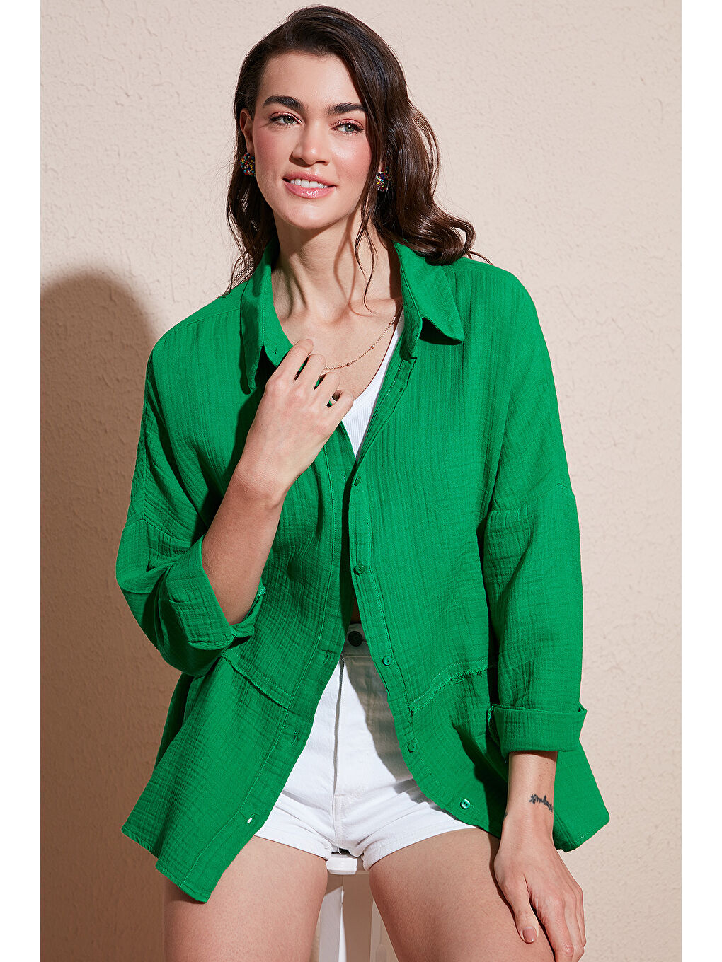 Lela Yeşil Pamuklu Regular Fit Müslin Gömlek Cf25S166905