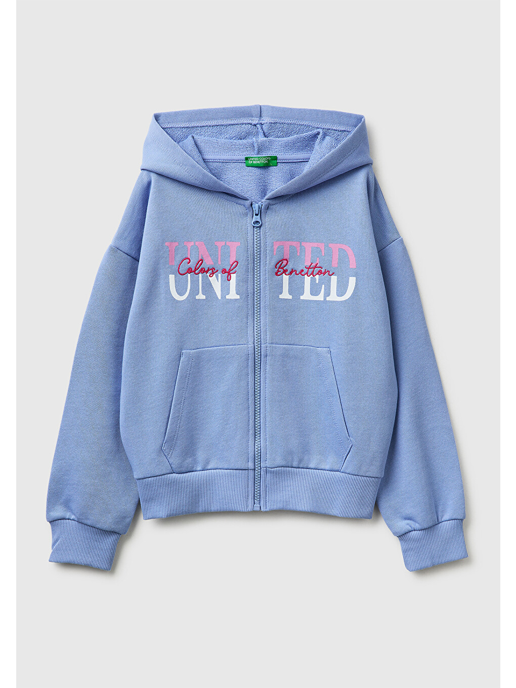 Turkuaz Kız Çocuk Havacı Mavi Simli Logolu Fermuarlı Cepli Kapüşonlu Yüksek Yaka Sweatshirt