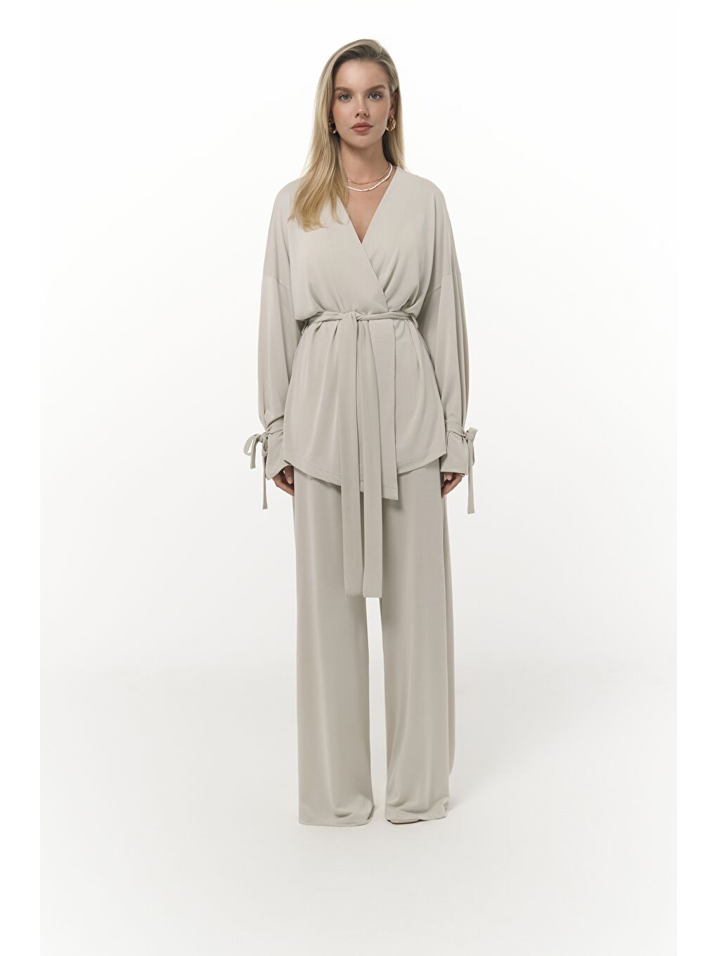 Donna Bej Kimono Pantolon Takım-2