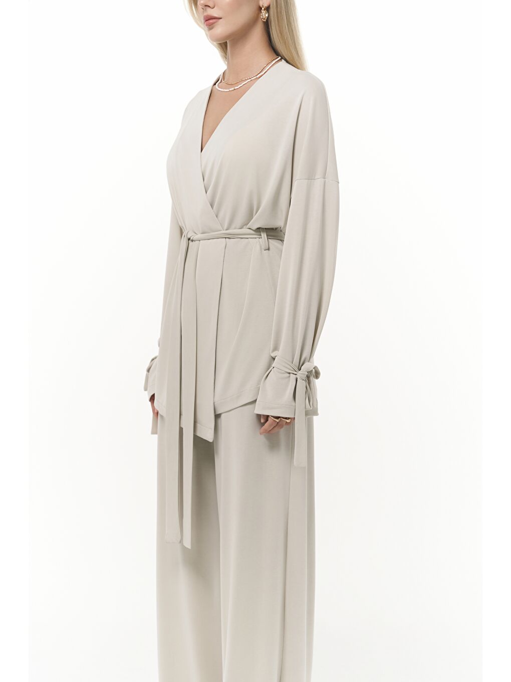 Donna Bej Kimono Pantolon Takım-3