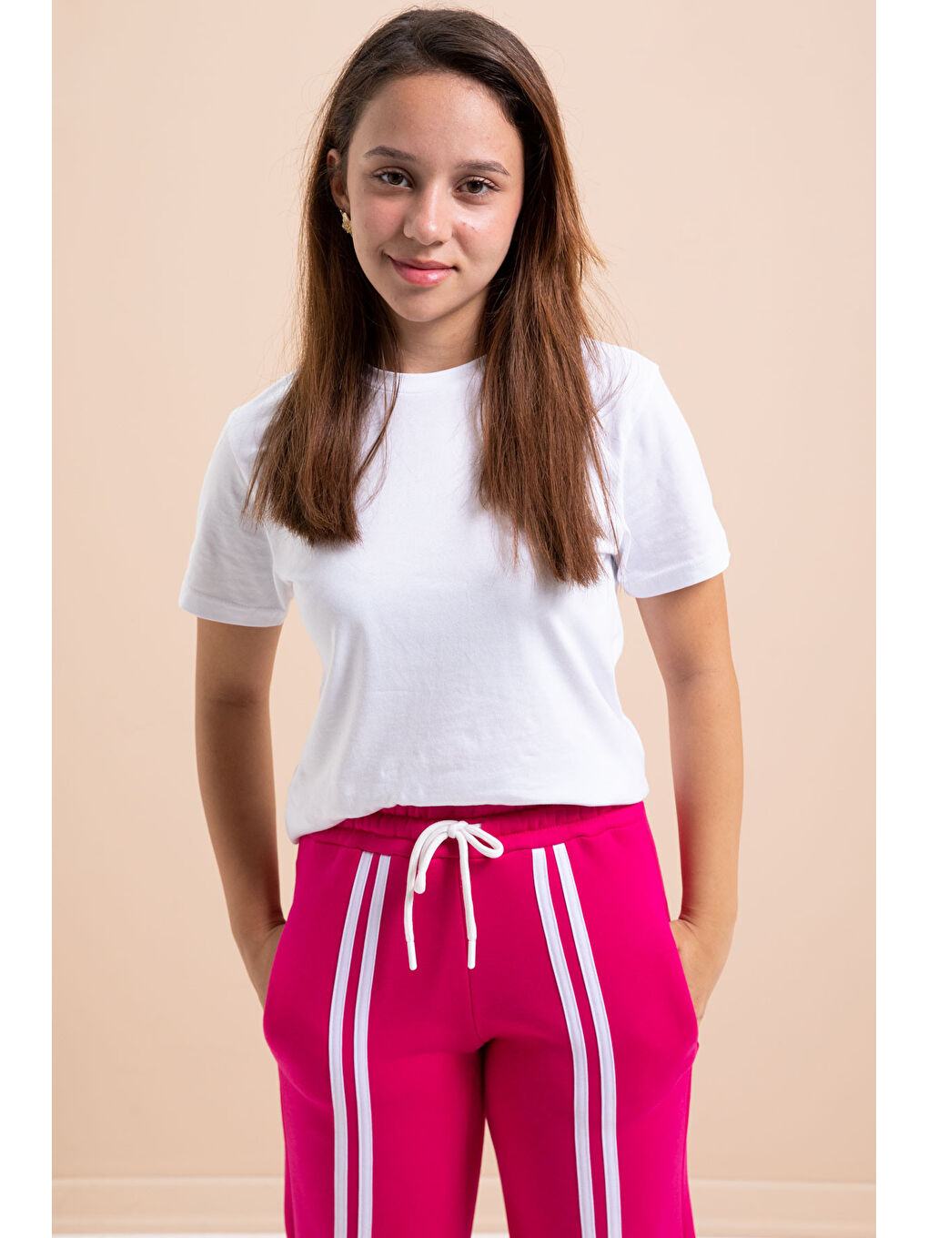 Fuşya Önü Şeritli Geniş Paça Şardonlu Kız Çocuk Basic Eşofman Altı 21278-1