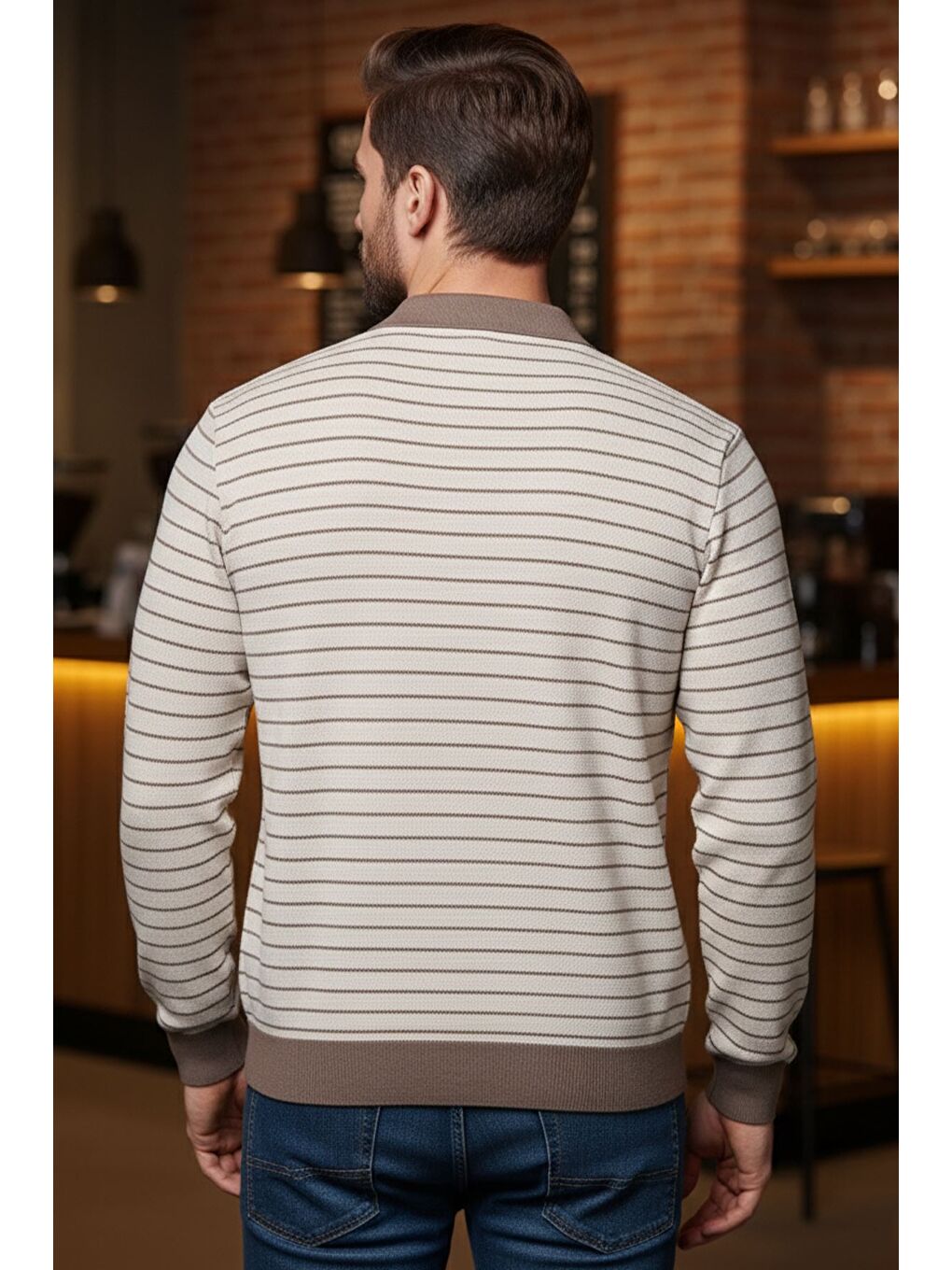 Bej Erkek Polo Yaka Yarım Fermuarlı Çizgi Desenli Triko Kazak-1