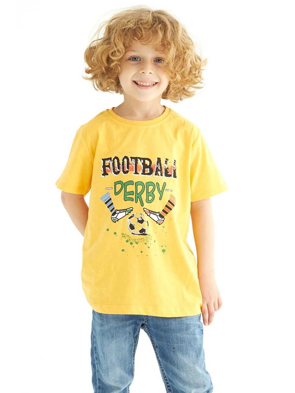 Sarı Bisiklet Yaka Kısa Kollu Futboll Baskılı Erkek Çocuk Tişört