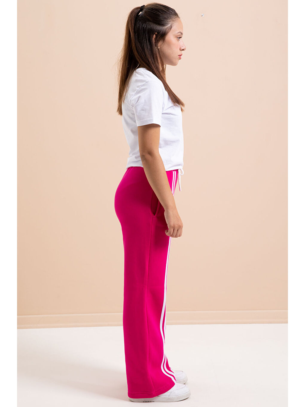 Fuşya Önü Şeritli Geniş Paça Şardonlu Kız Çocuk Basic Eşofman Altı 21278-2