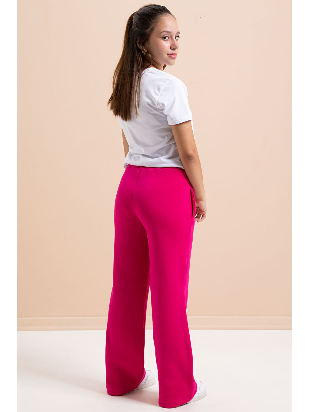 Fuşya Önü Şeritli Geniş Paça Şardonlu Kız Çocuk Basic Eşofman Altı 21278-3