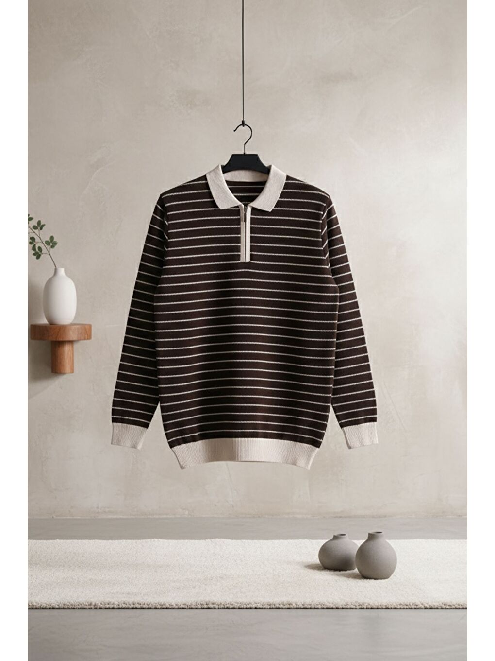 Kahverengi Erkek Polo Yaka Yarım Fermuarlı Çizgi Desenli Triko Kazak-2