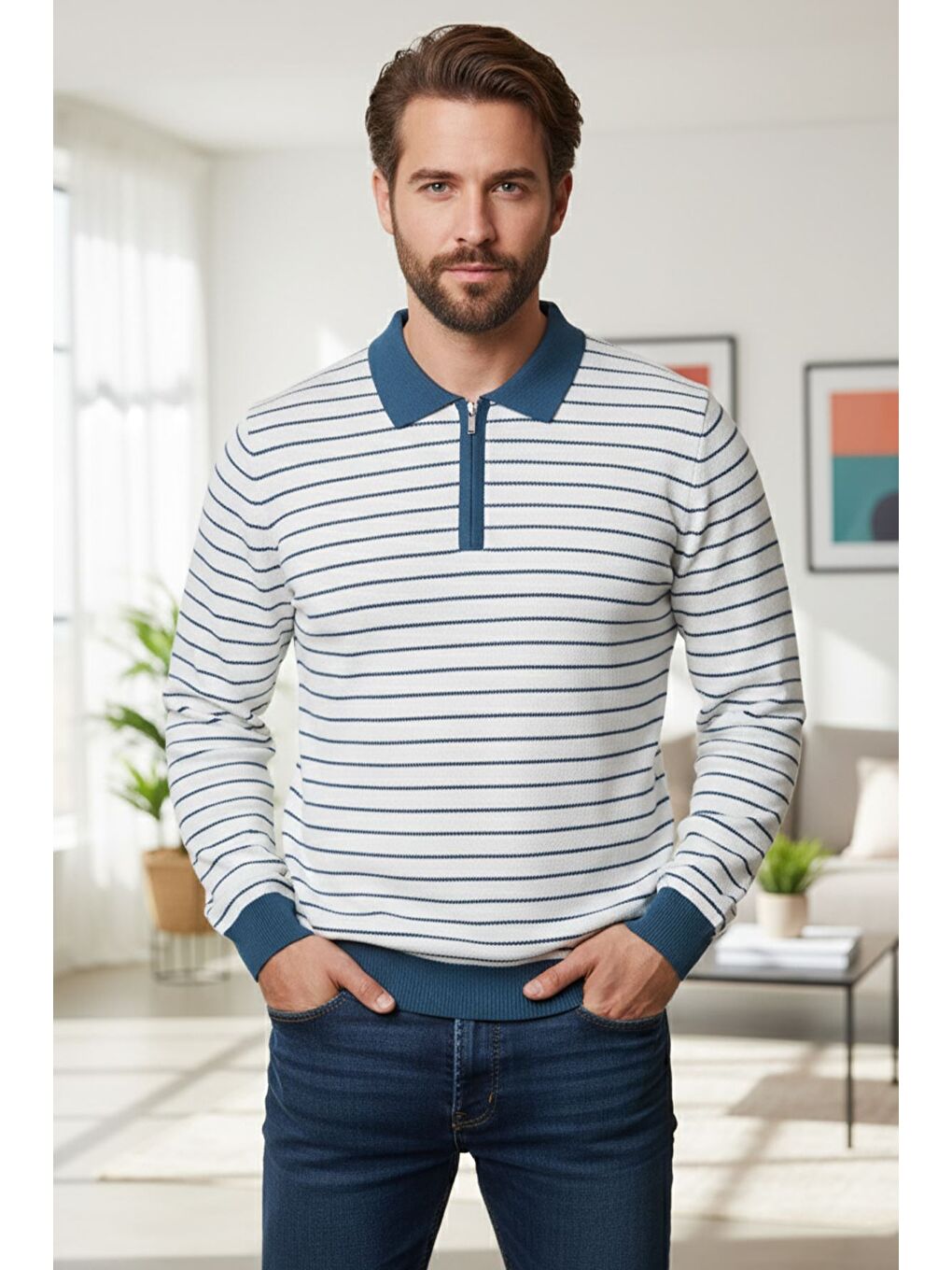 Ekru Erkek Polo Yaka Yarım Fermuarlı Çizgi Desenli Triko Kazak