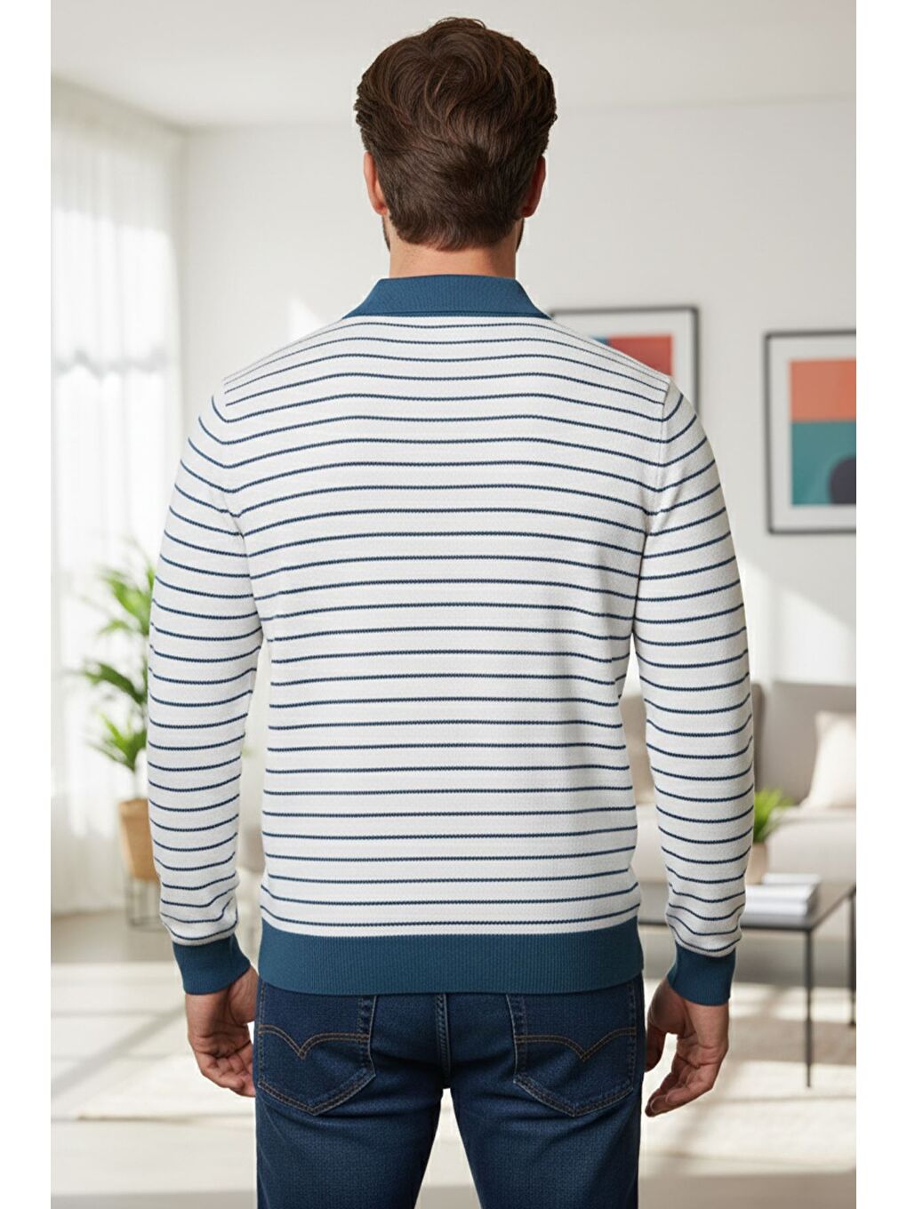 Ekru Erkek Polo Yaka Yarım Fermuarlı Çizgi Desenli Triko Kazak-1