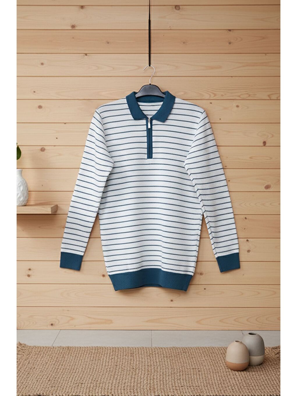 Ekru Erkek Polo Yaka Yarım Fermuarlı Çizgi Desenli Triko Kazak-2