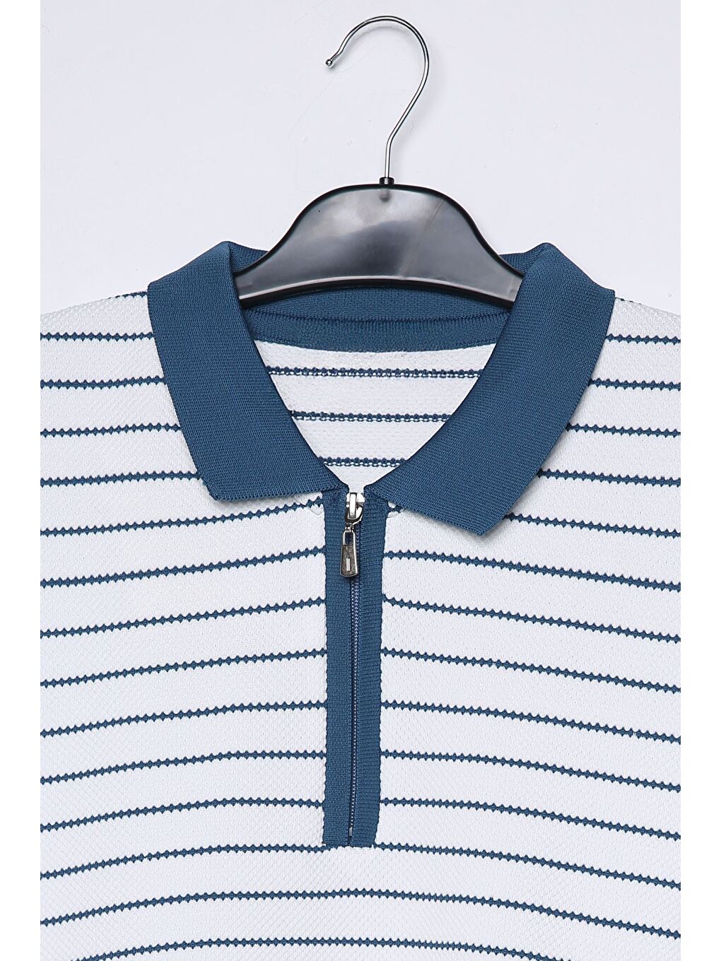 Ekru Erkek Polo Yaka Yarım Fermuarlı Çizgi Desenli Triko Kazak-3