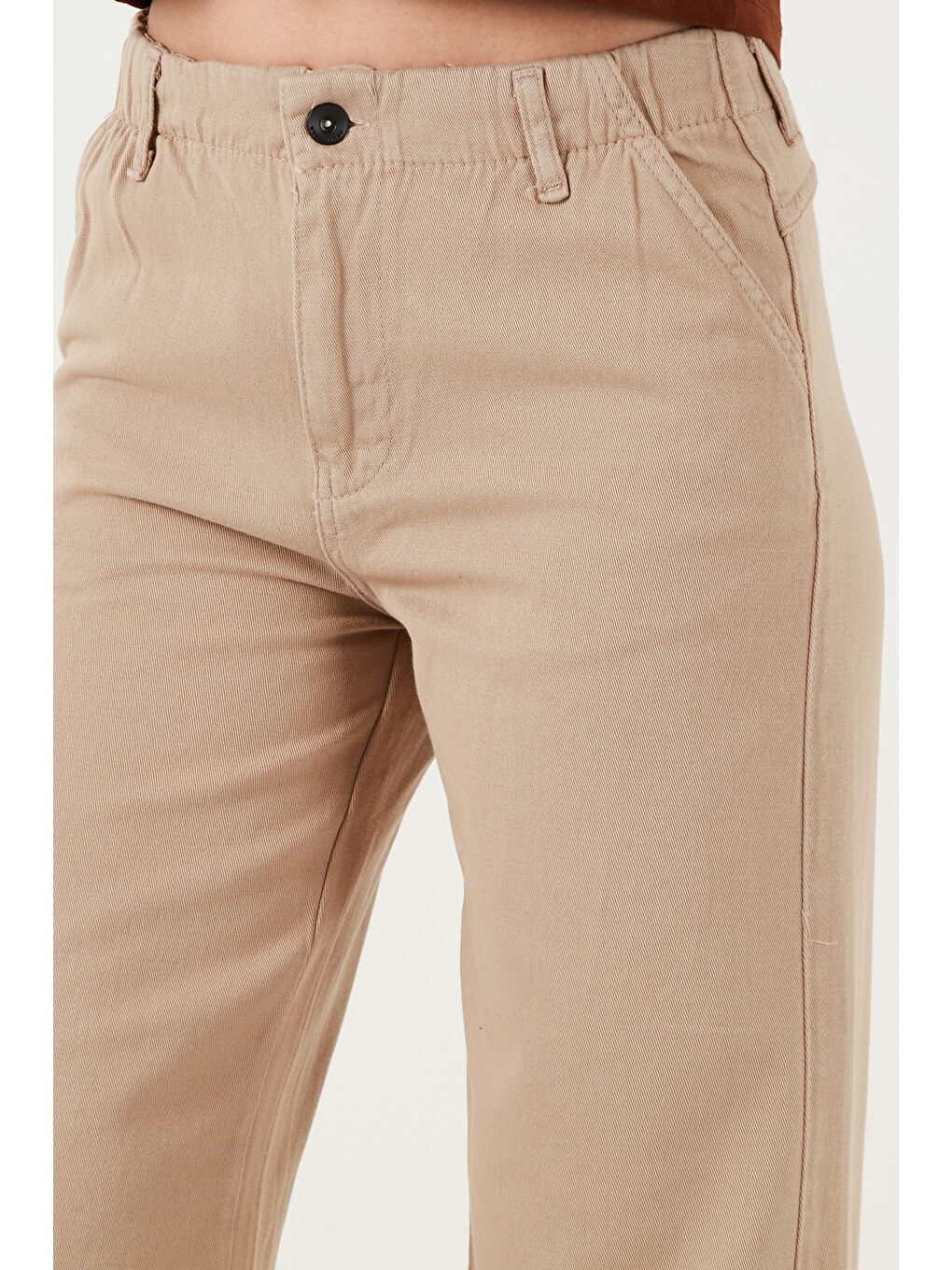 Bej Pamuklu Standart Fit Yüksek Bel Geniş Paça Pantolon 668Yp5344-5