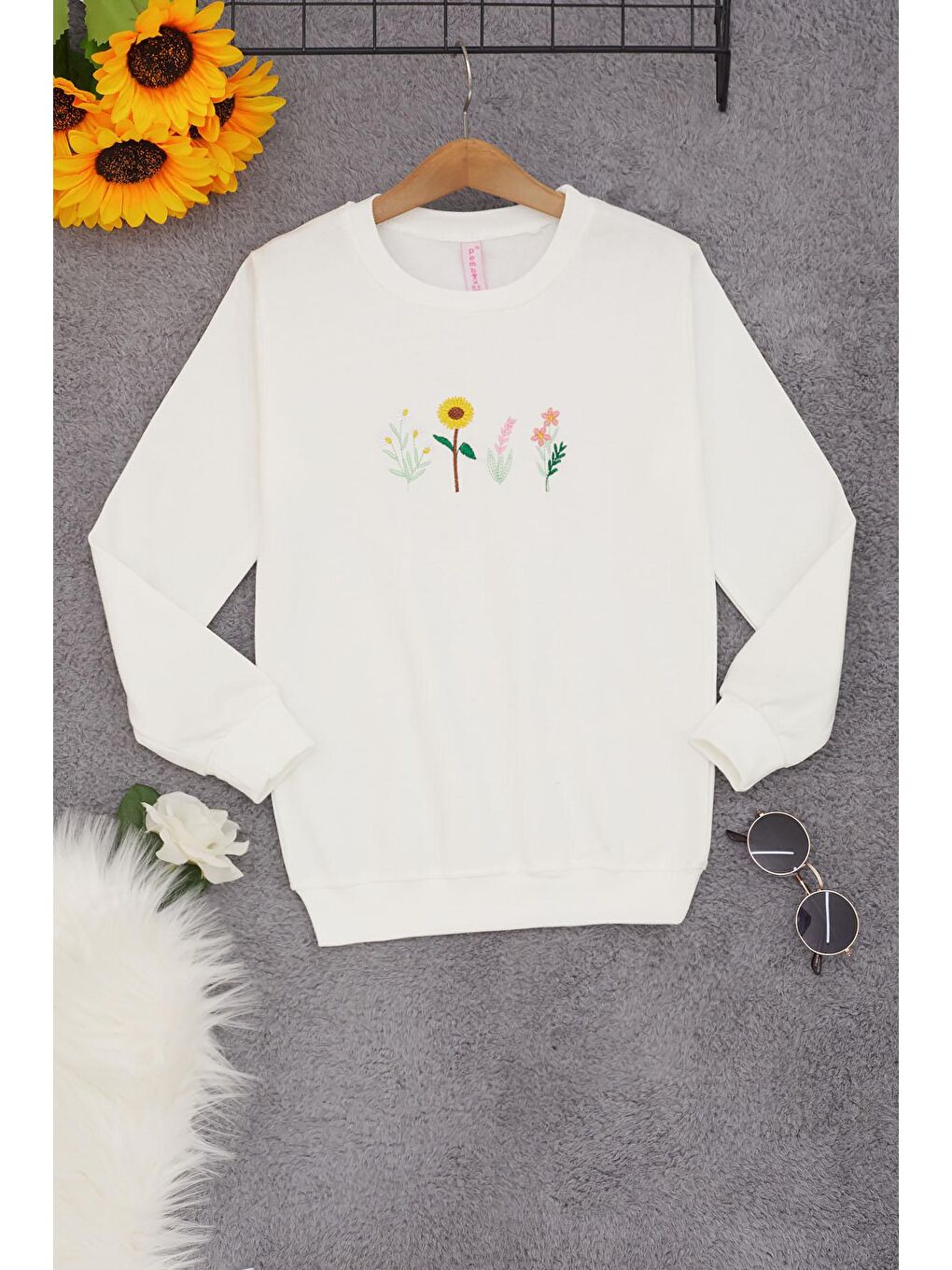 Ekru Papatya Nakışlı Kız Çocuk Kız Çocuk Sweatshirt 17203-2