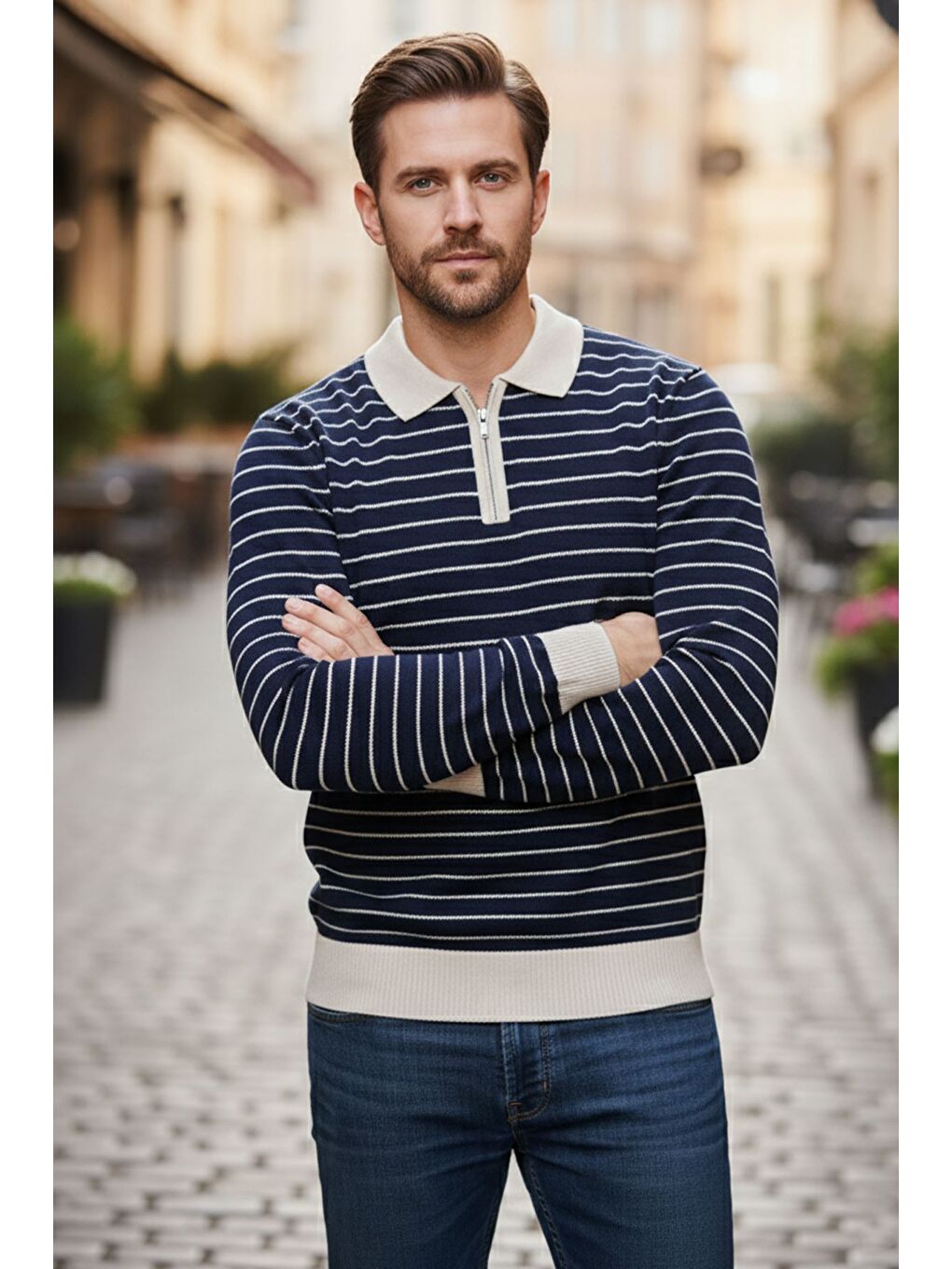 Lacivert Erkek Polo Yaka Yarım Fermuarlı Çizgi Desenli Triko Kazak