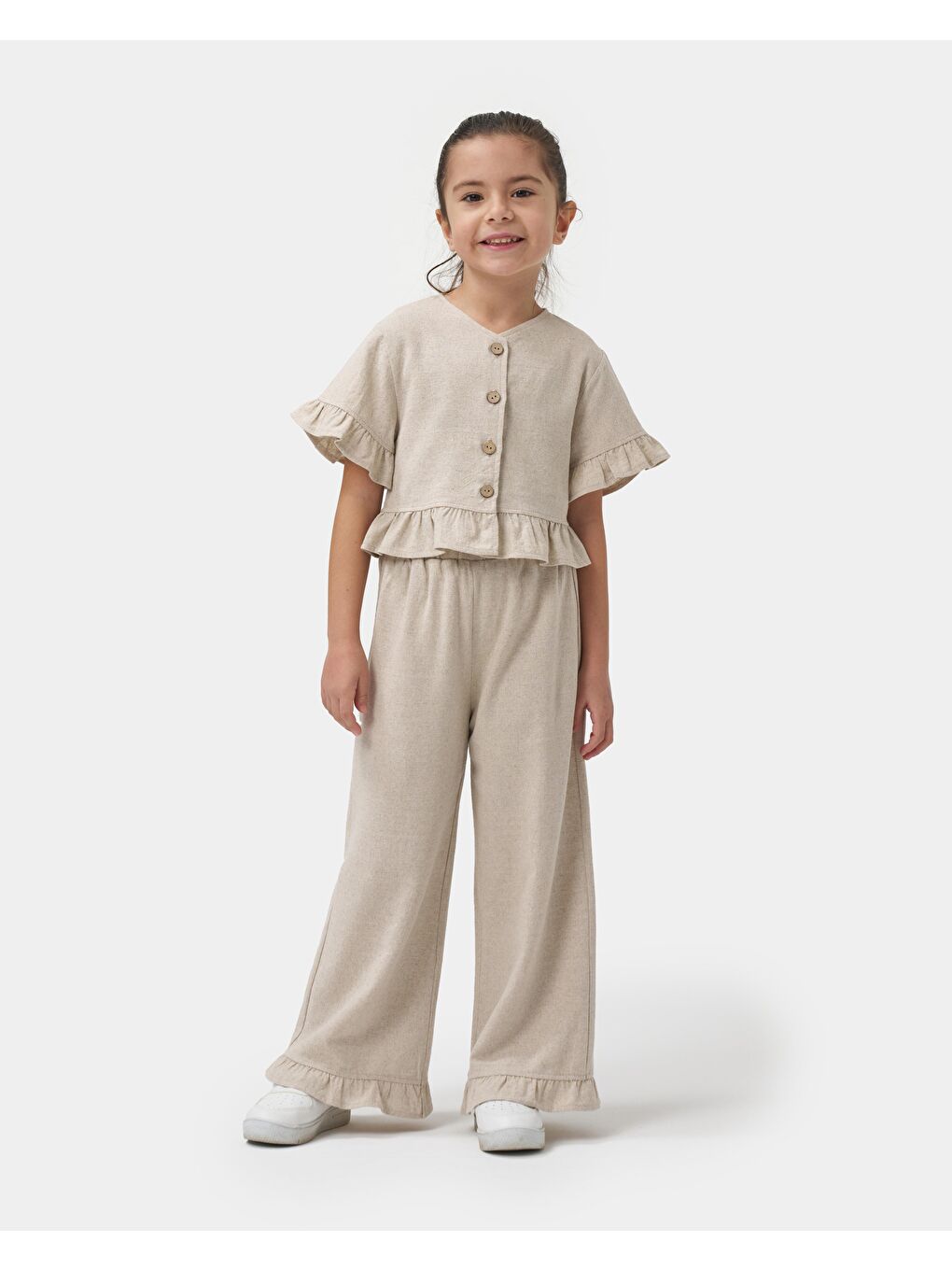 Kız Çocuk Keten Bej Fırfır Detaylı Düğmeli Bol Paça Pantolonlu İkili Takım