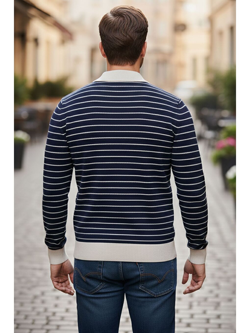 Lacivert Erkek Polo Yaka Yarım Fermuarlı Çizgi Desenli Triko Kazak-1