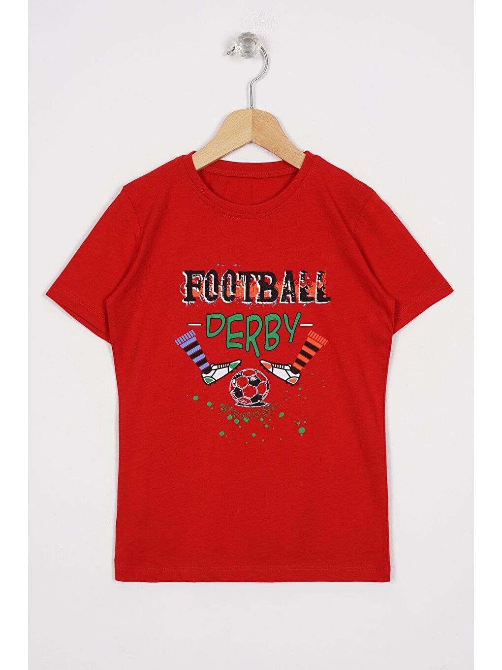 Zepkids Kirmizi Bisiklet Yaka Kısa Kollu Futboll Baskılı Erkek Çocuk Tişört