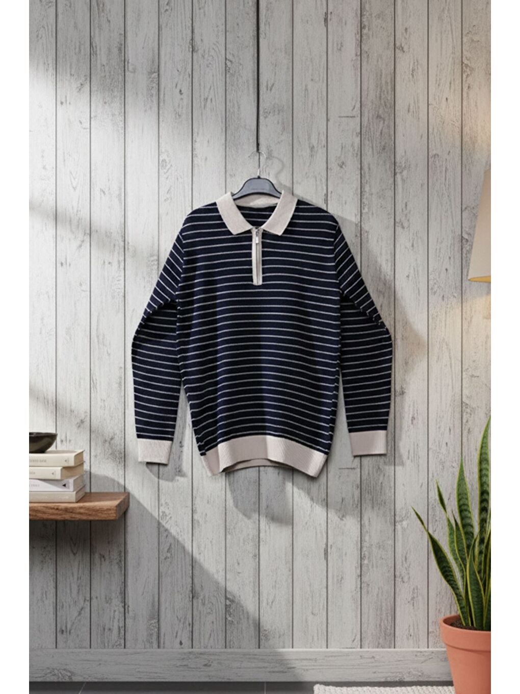 Lacivert Erkek Polo Yaka Yarım Fermuarlı Çizgi Desenli Triko Kazak-2