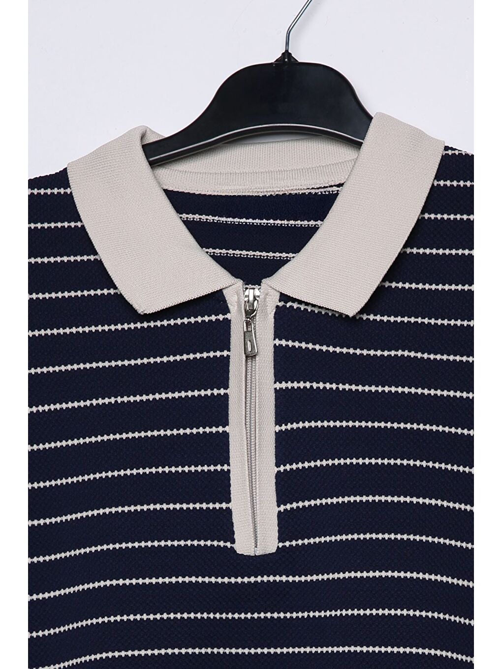 Lacivert Erkek Polo Yaka Yarım Fermuarlı Çizgi Desenli Triko Kazak-3