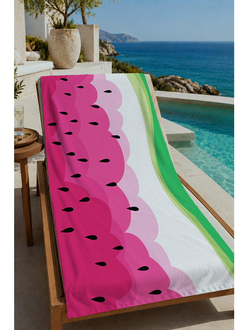 Pembe Yeşil Karpuz Dilimi Renk Bloklu Desenli 70x150 Cm Dijital Baskılı Plaj Ve Banyo Havlusu