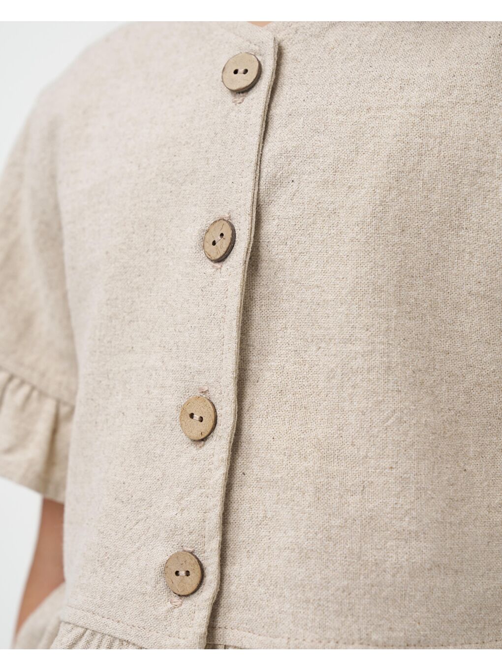 Kız Çocuk Keten Bej Fırfır Detaylı Düğmeli Bol Paça Pantolonlu İkili Takım-4