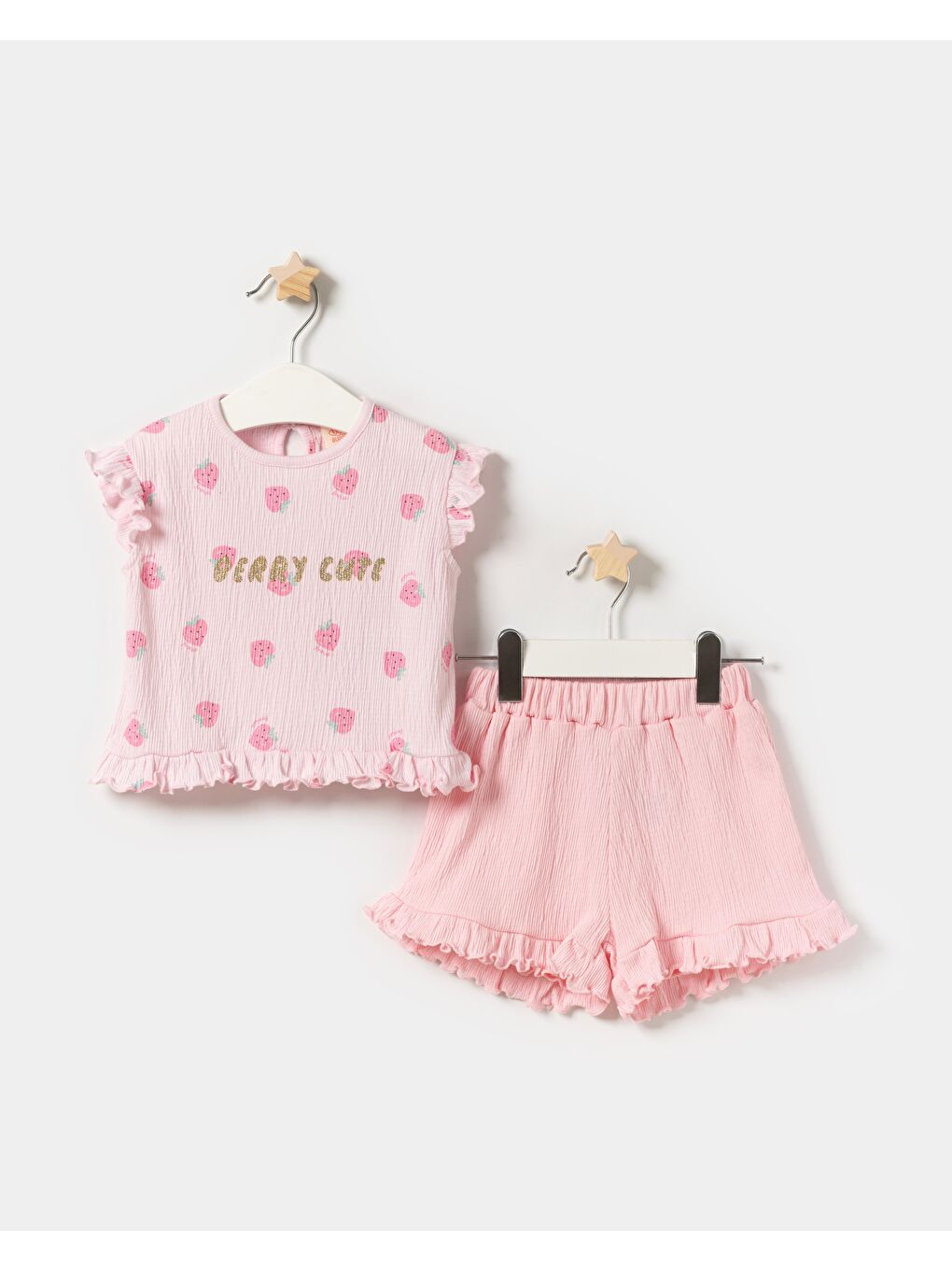 Kız Bebek Pamuklu Krem/Pembe Çilek Desenli Fırfırlı T-Shirt Ve Şort Takım –-2