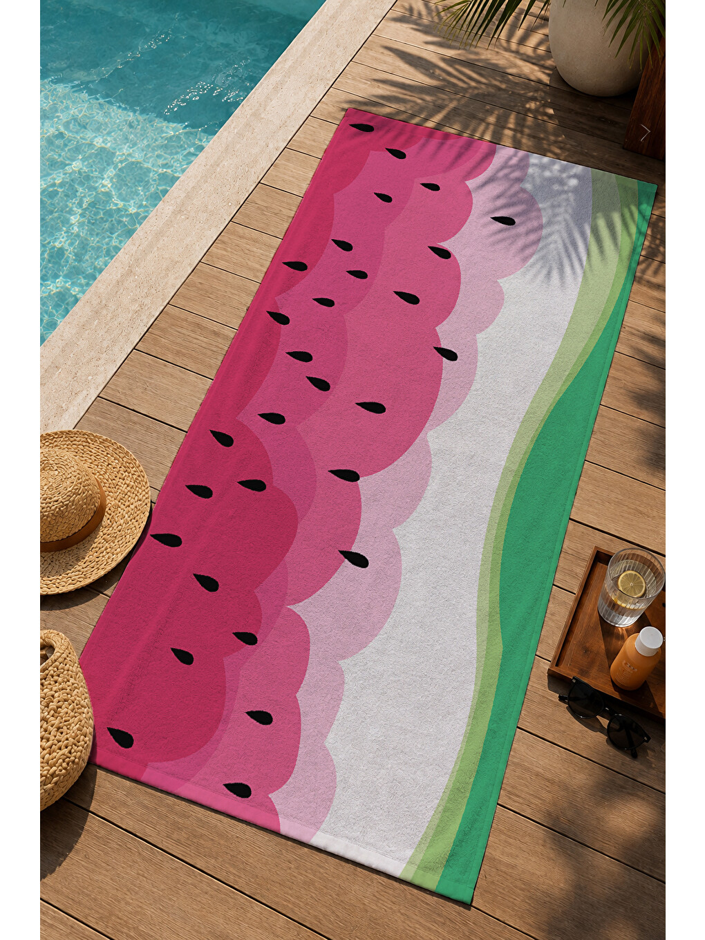 Pembe Yeşil Karpuz Dilimi Renk Bloklu Desenli 70x150 Cm Dijital Baskılı Plaj Ve Banyo Havlusu-2