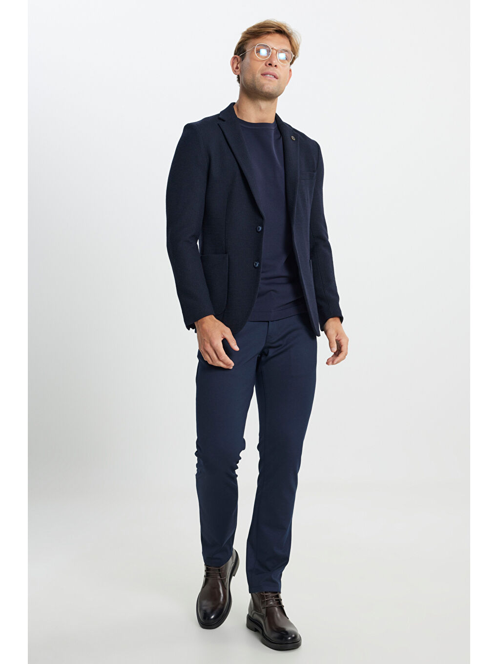 Erkek Lacivert Yünlü Slim Fit Dar Kesim Mono Yaka Desenli Torba Cepli Ceket-1