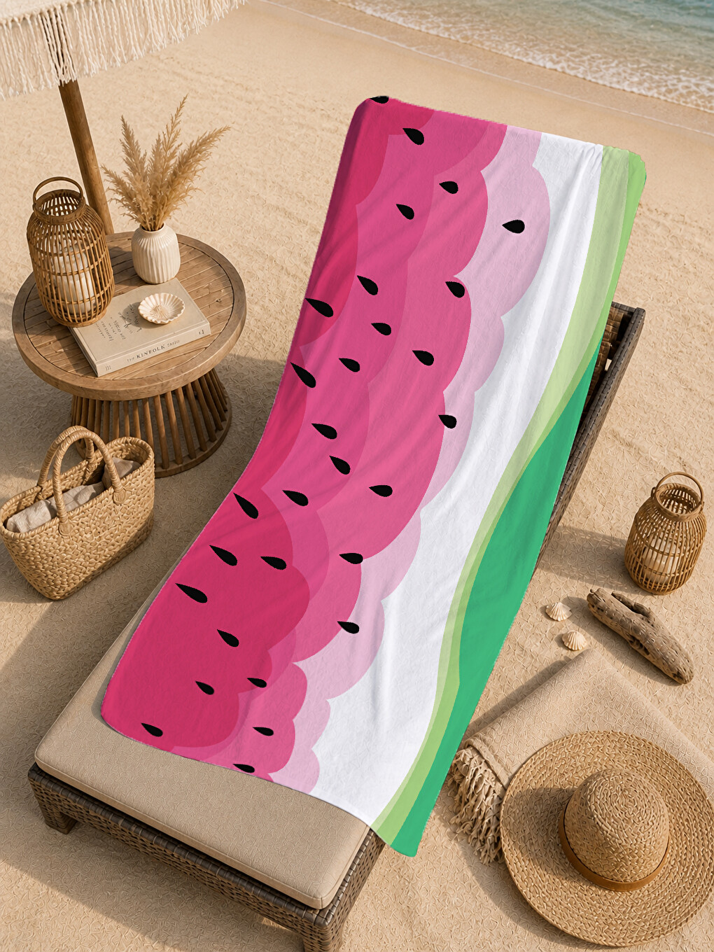Pembe Yeşil Karpuz Dilimi Renk Bloklu Desenli 70x150 Cm Dijital Baskılı Plaj Ve Banyo Havlusu-4