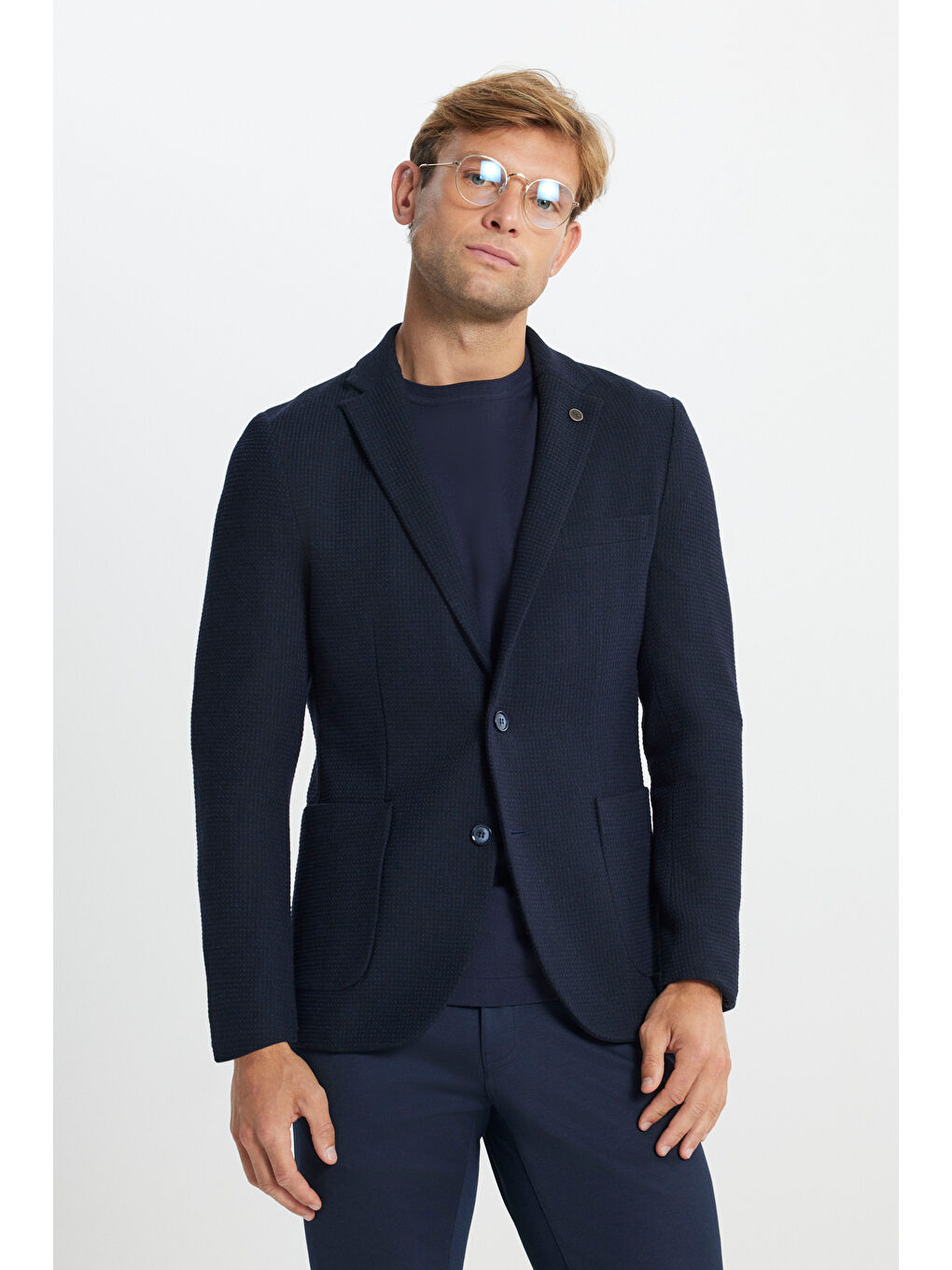 Erkek Lacivert Yünlü Slim Fit Dar Kesim Mono Yaka Desenli Torba Cepli Ceket-2