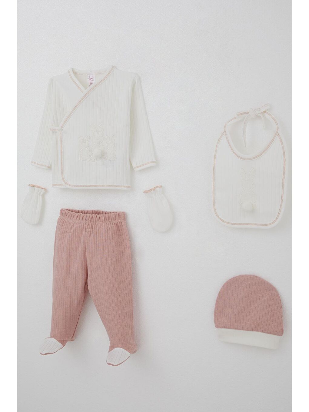 Kız Bebek Hastane Çıkışı 5 Li Ponponlu Tavşancık Nakışlı Ekru (0-3 Ay)-1