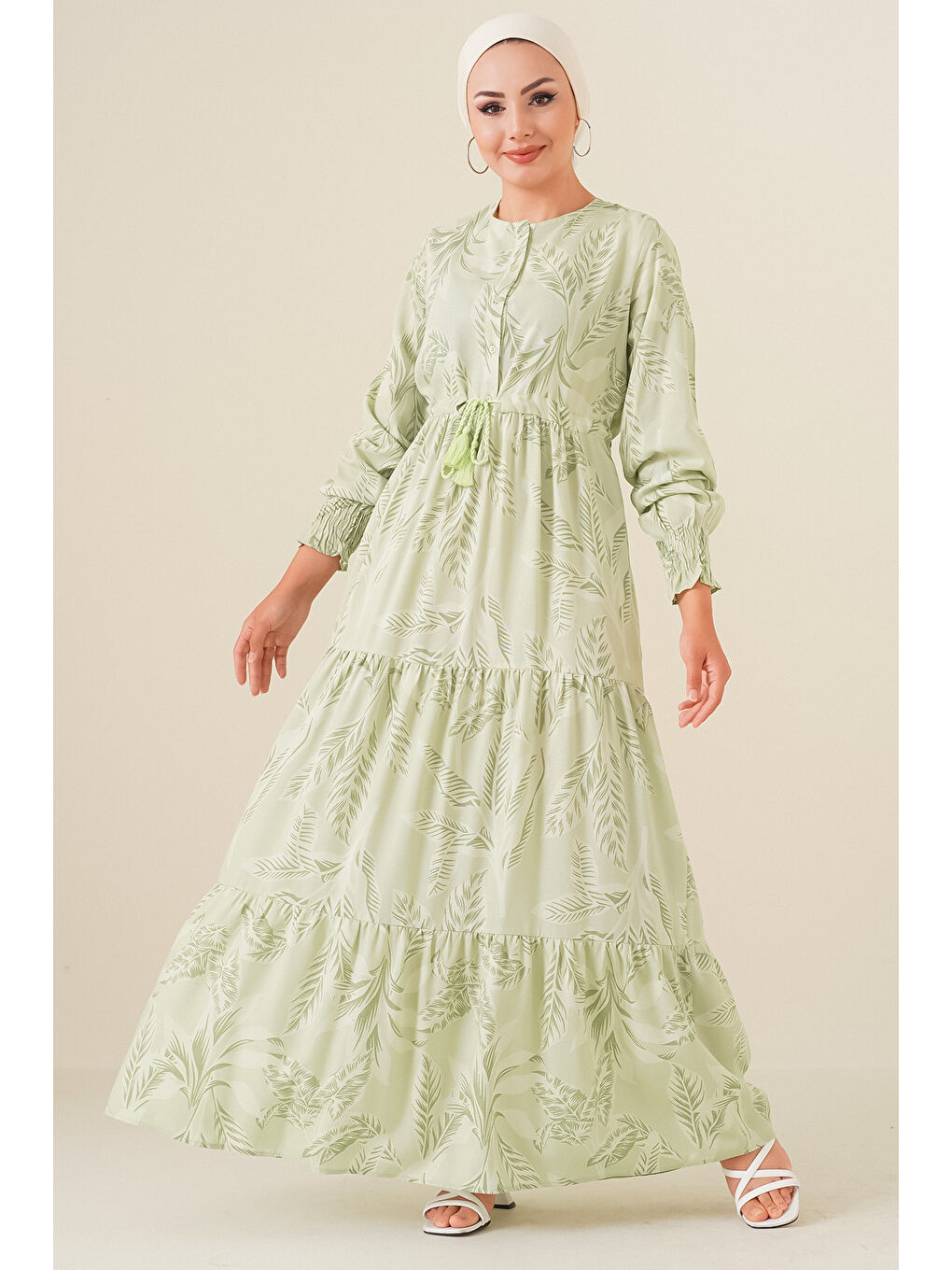 2145 Desenli Tesettür Elbise - E.Yeşil