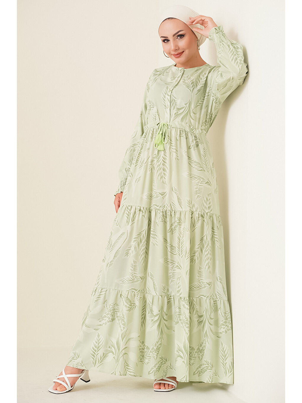 2145 Desenli Tesettür Elbise - E.Yeşil-1